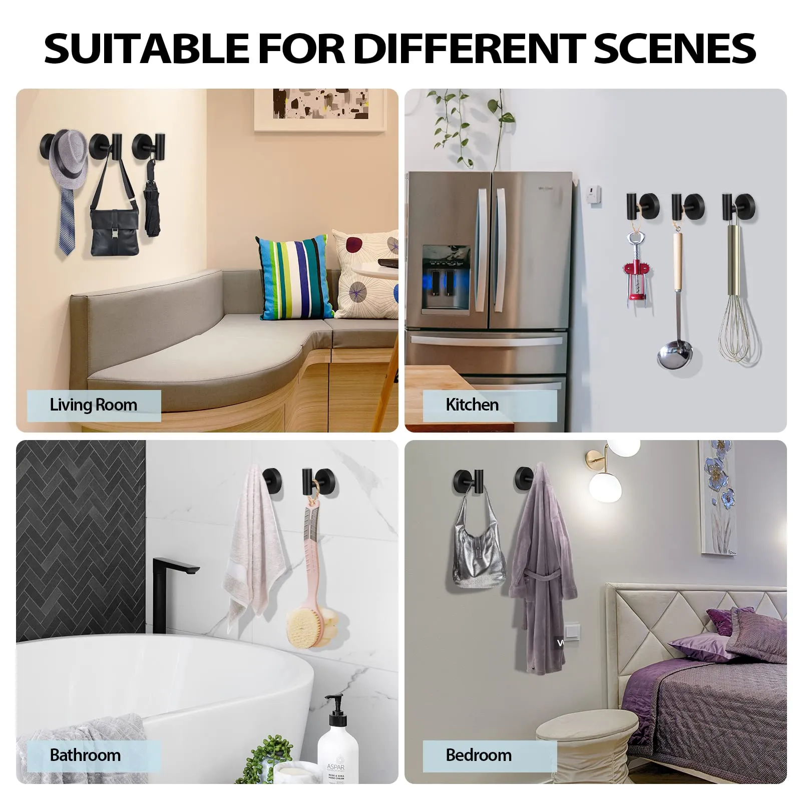 2 Pcs Wall Mount Bathroom Towel Hooks Holder | Cloth Hanger Hook | Kitchen Door Hanger | Black