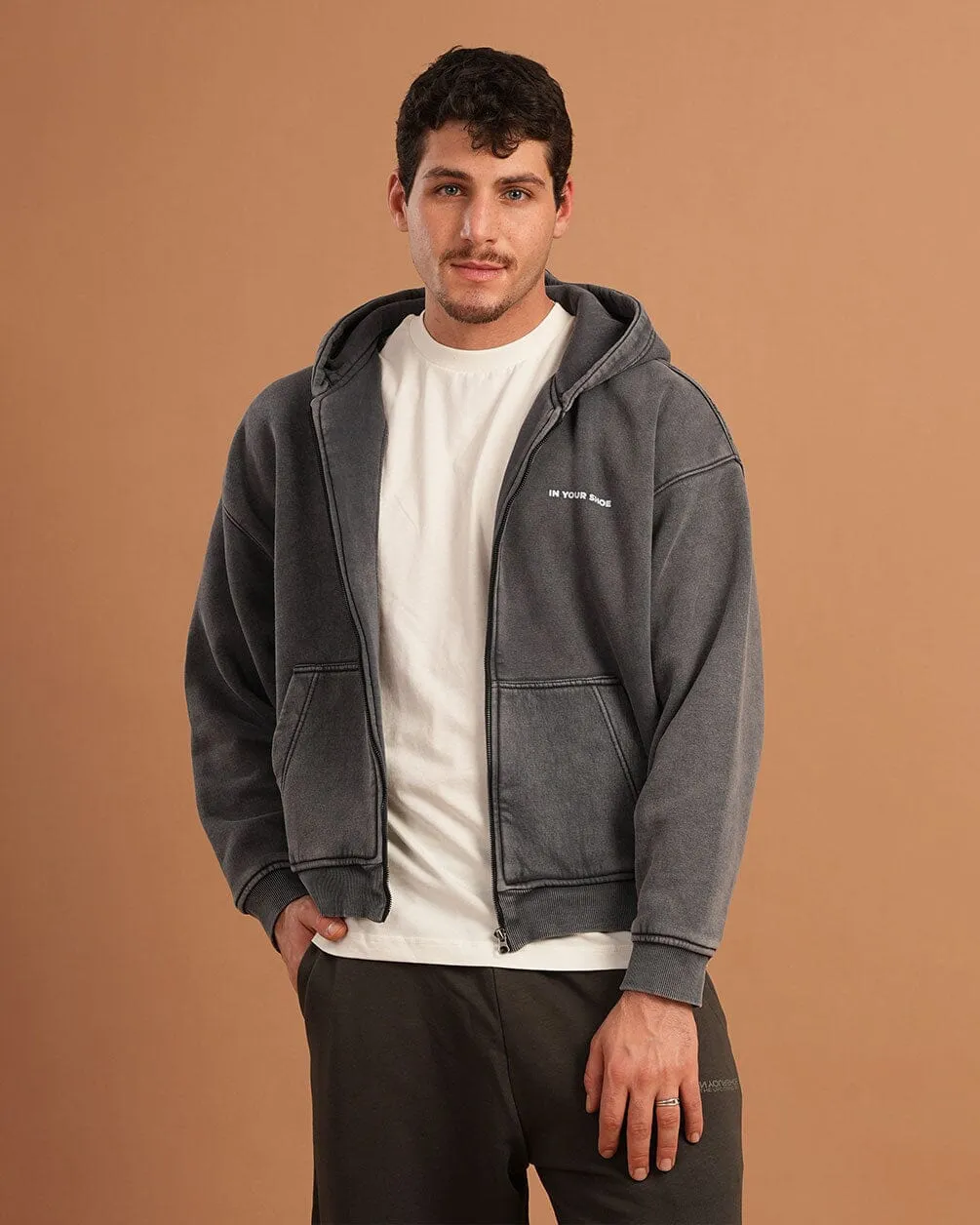 Dark Grey Washed Boxy Zip-Up Hoodie