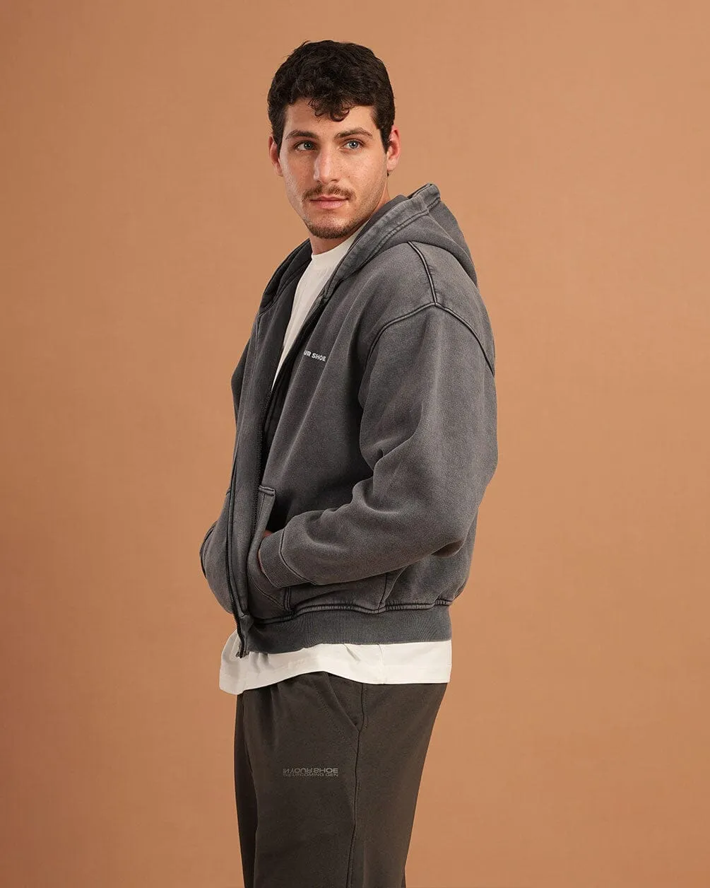 Dark Grey Washed Boxy Zip-Up Hoodie