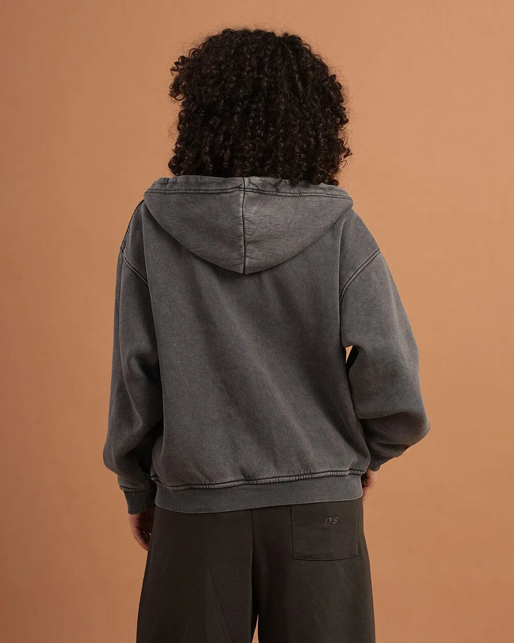 Dark Grey Washed Boxy Zip-Up Hoodie