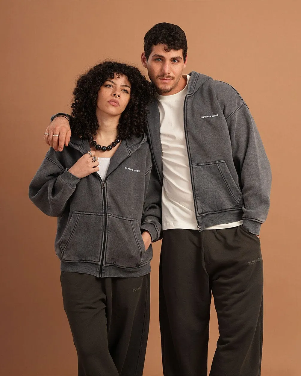 Dark Grey Washed Boxy Zip-Up Hoodie