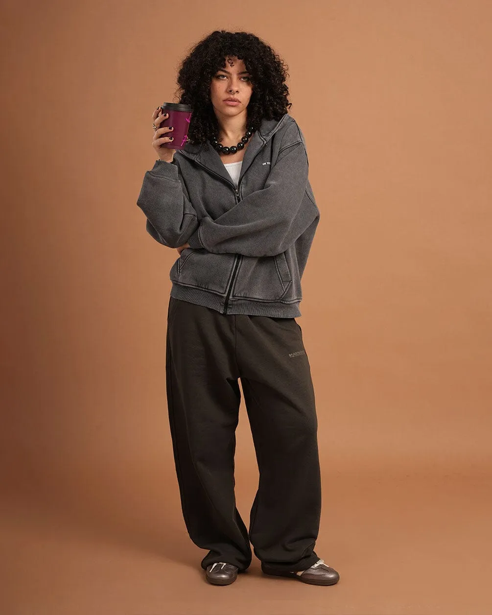 Dark Grey Washed Boxy Zip-Up Hoodie
