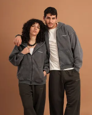 Dark Grey Washed Boxy Zip-Up Hoodie