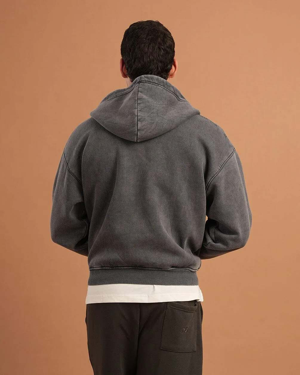 Dark Grey Washed Boxy Zip-Up Hoodie