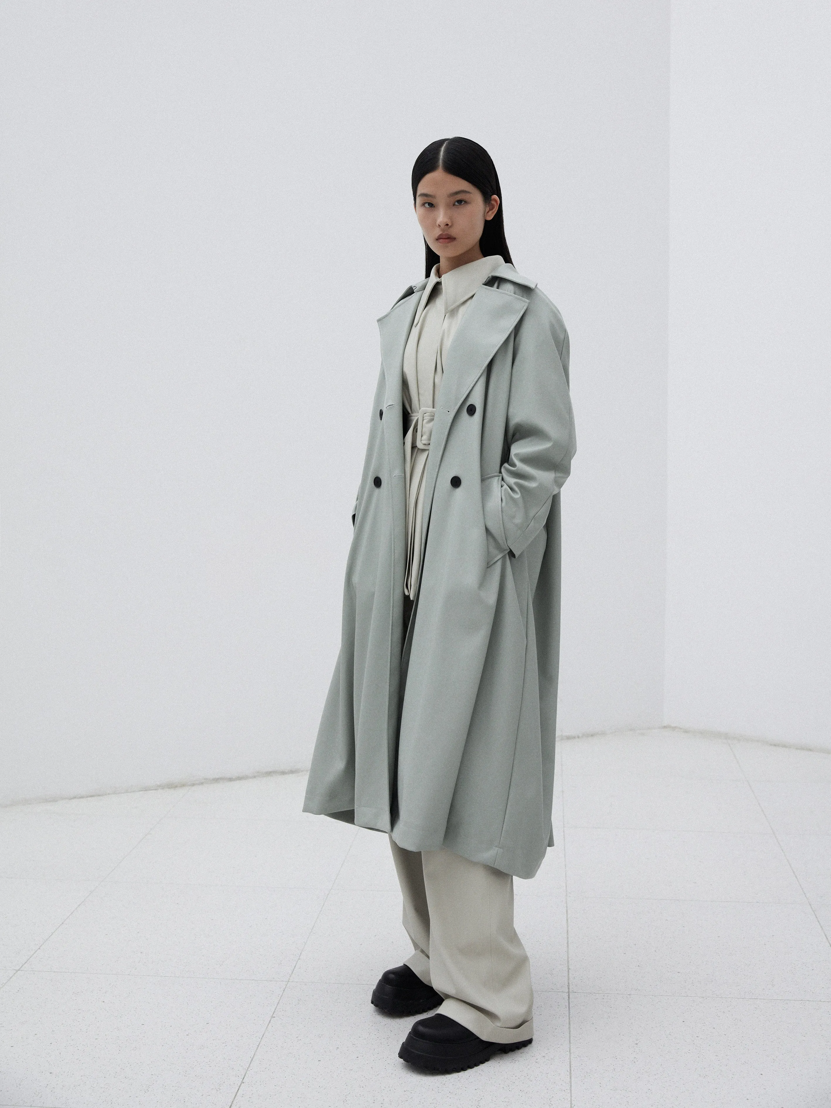 Eggshell PU Pleated Classic Trench Coat