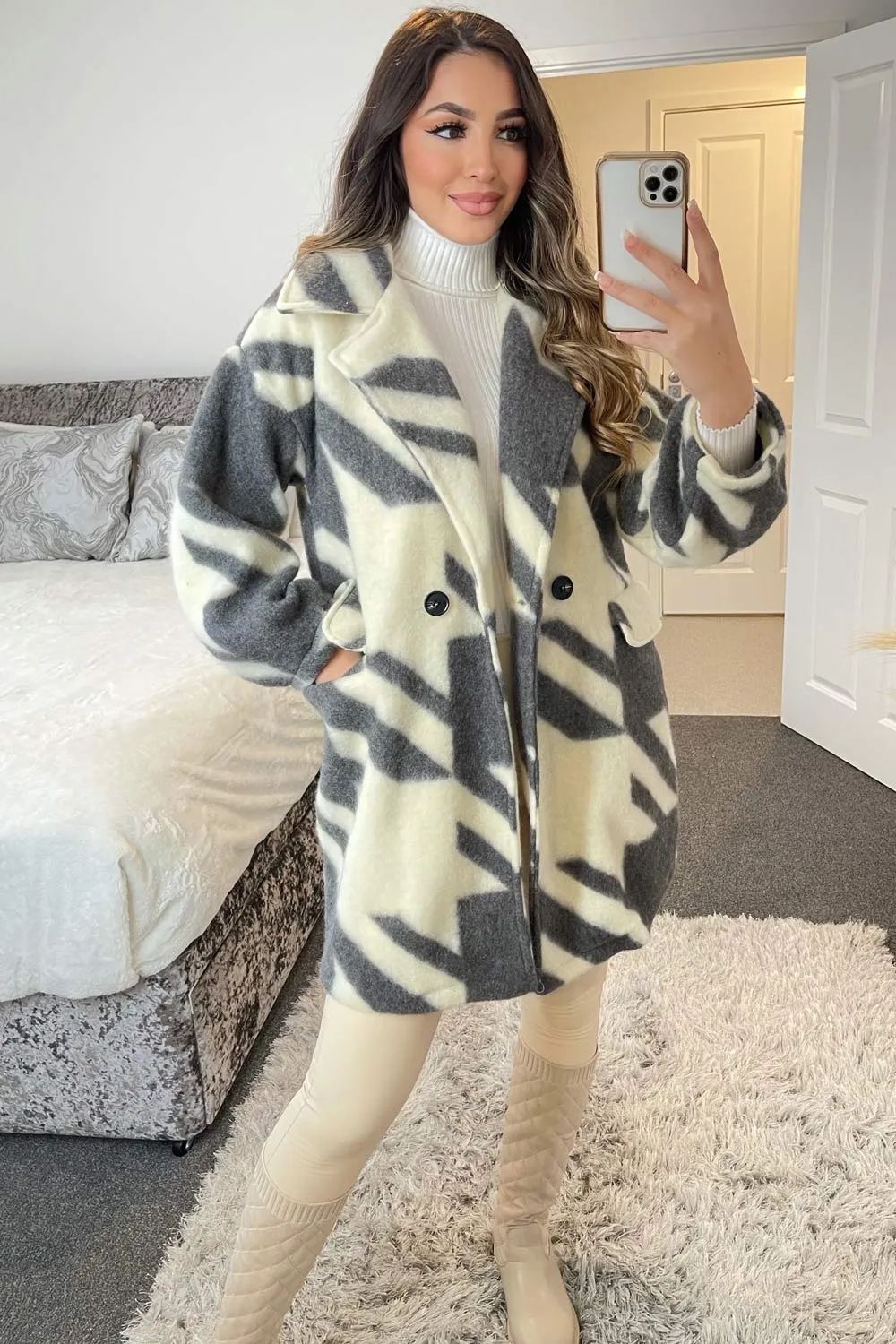 Erica Grey and White Dogtooth Knitted Coat