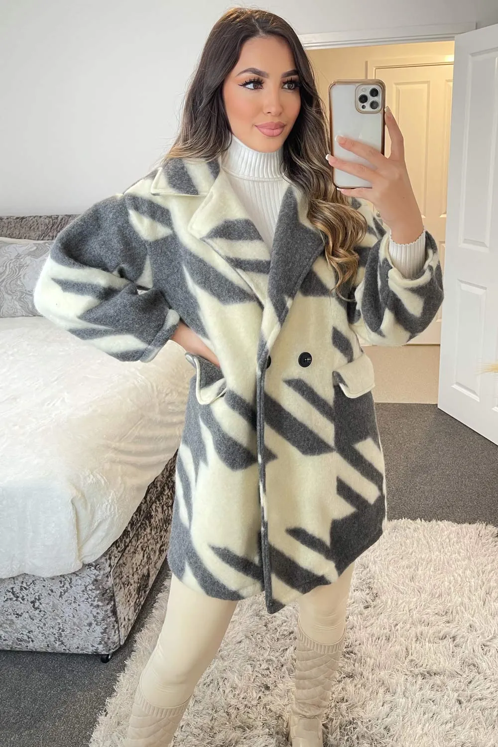Erica Grey and White Dogtooth Knitted Coat