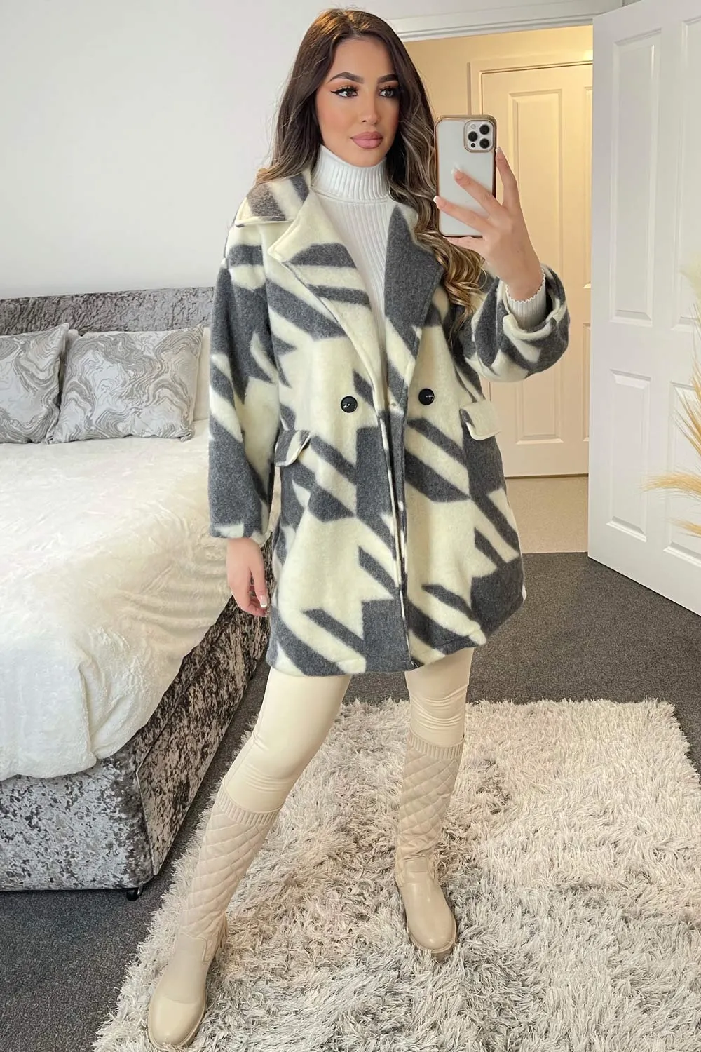 Erica Grey and White Dogtooth Knitted Coat