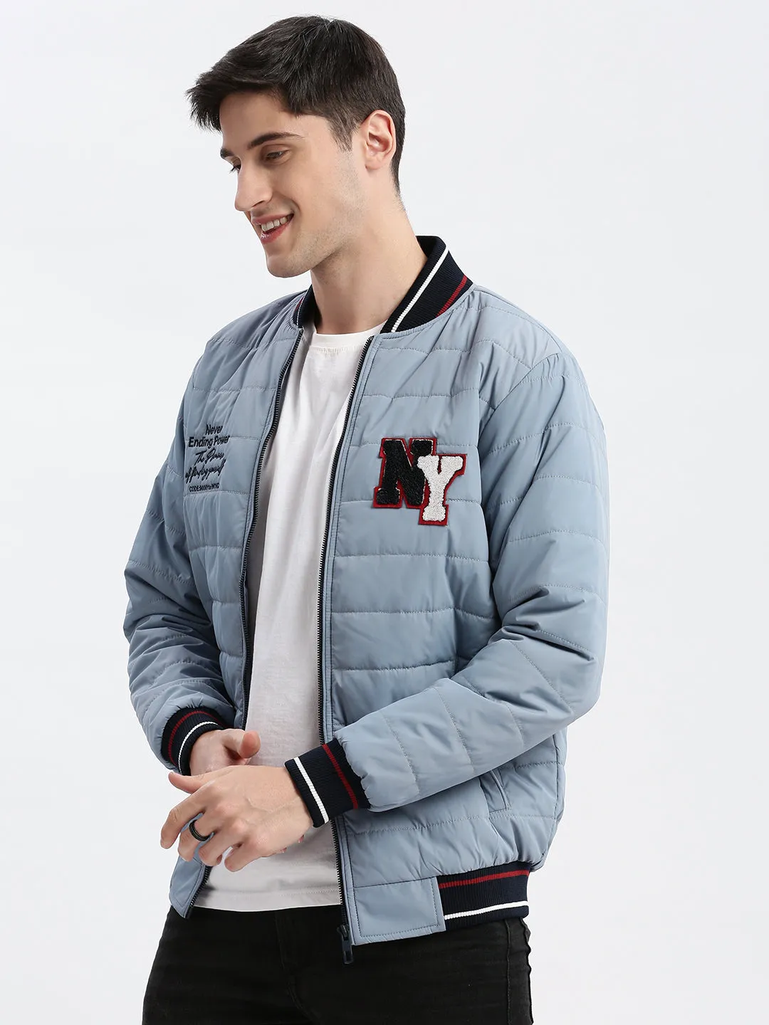 Men Grey Mandarin Collar Long Sleeves Zip Detail Rapid-Dry Windcheater Puffer Jacket