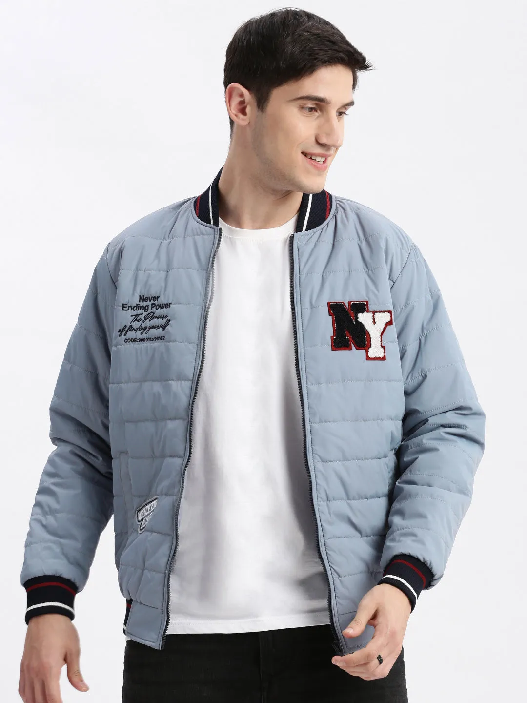 Men Grey Mandarin Collar Long Sleeves Zip Detail Rapid-Dry Windcheater Puffer Jacket