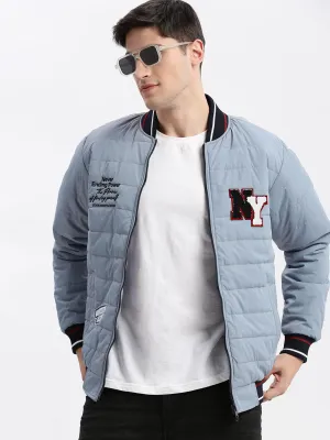 Men Grey Mandarin Collar Long Sleeves Zip Detail Rapid-Dry Windcheater Puffer Jacket