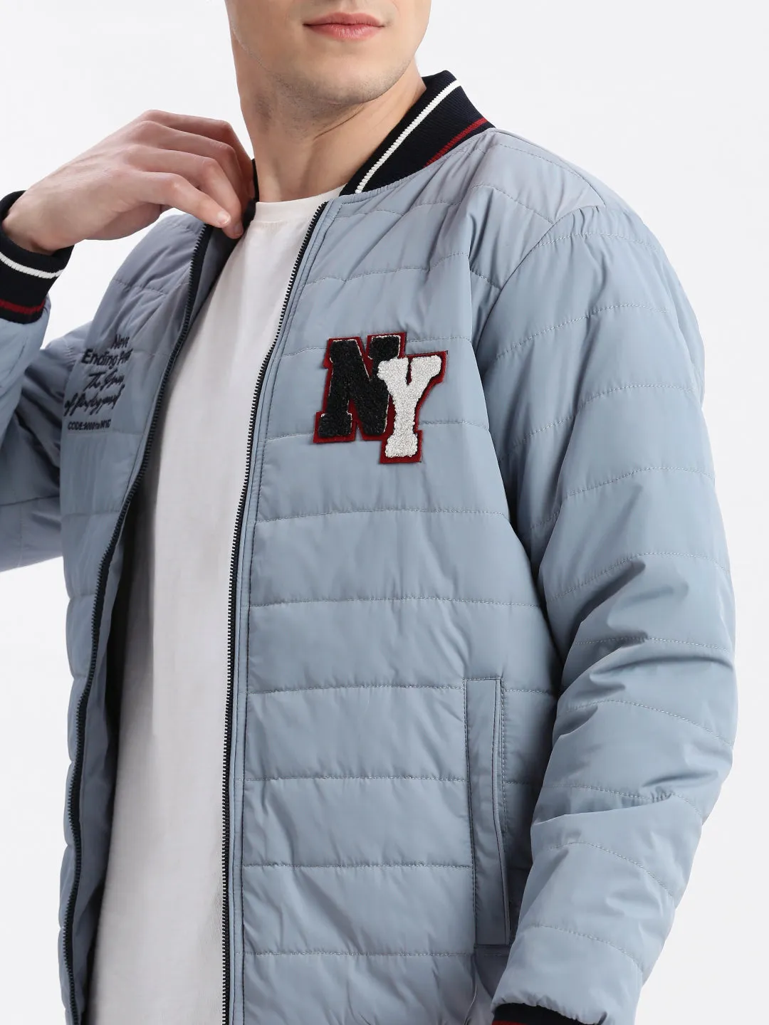 Men Grey Mandarin Collar Long Sleeves Zip Detail Rapid-Dry Windcheater Puffer Jacket