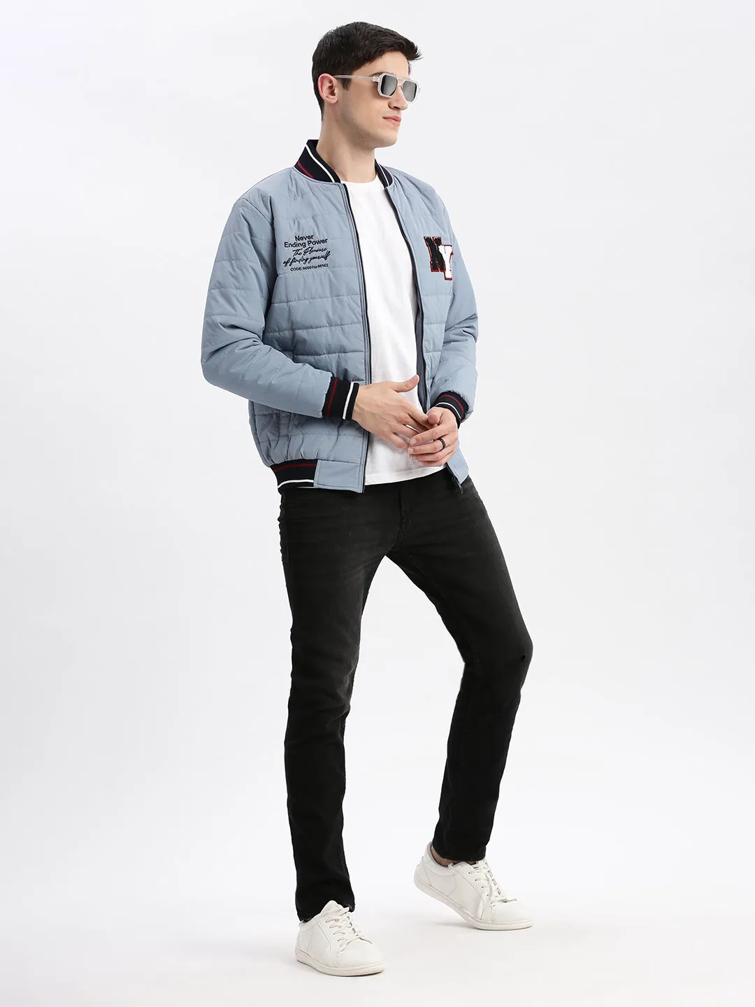 Men Grey Mandarin Collar Long Sleeves Zip Detail Rapid-Dry Windcheater Puffer Jacket