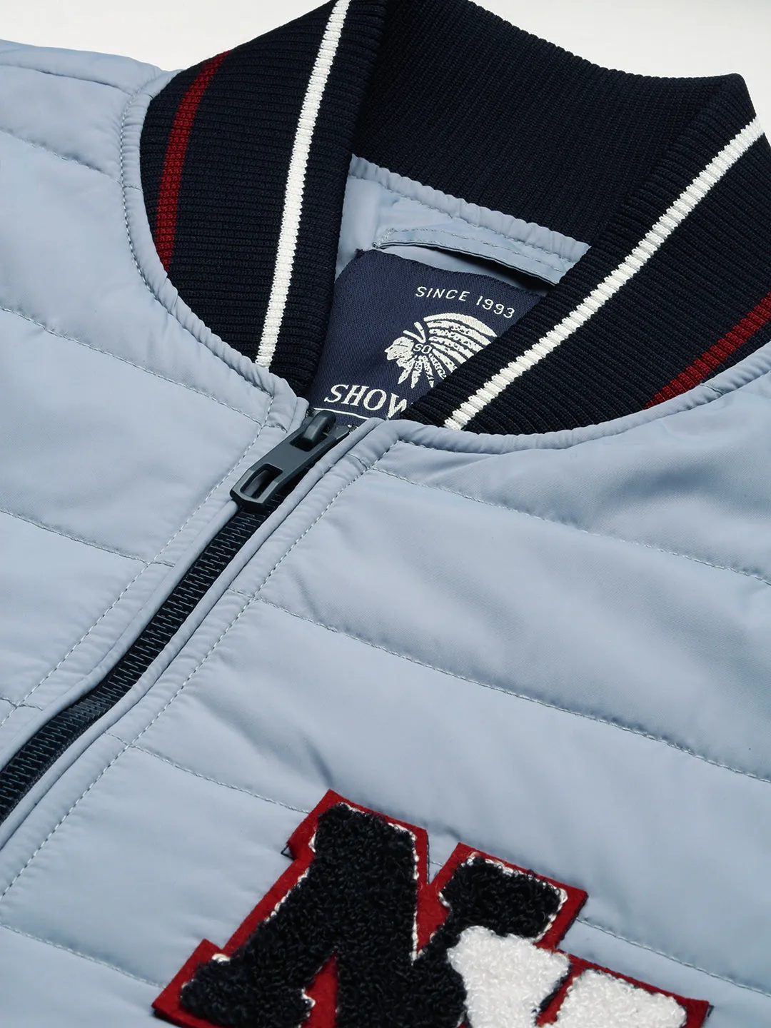 Men Grey Mandarin Collar Long Sleeves Zip Detail Rapid-Dry Windcheater Puffer Jacket