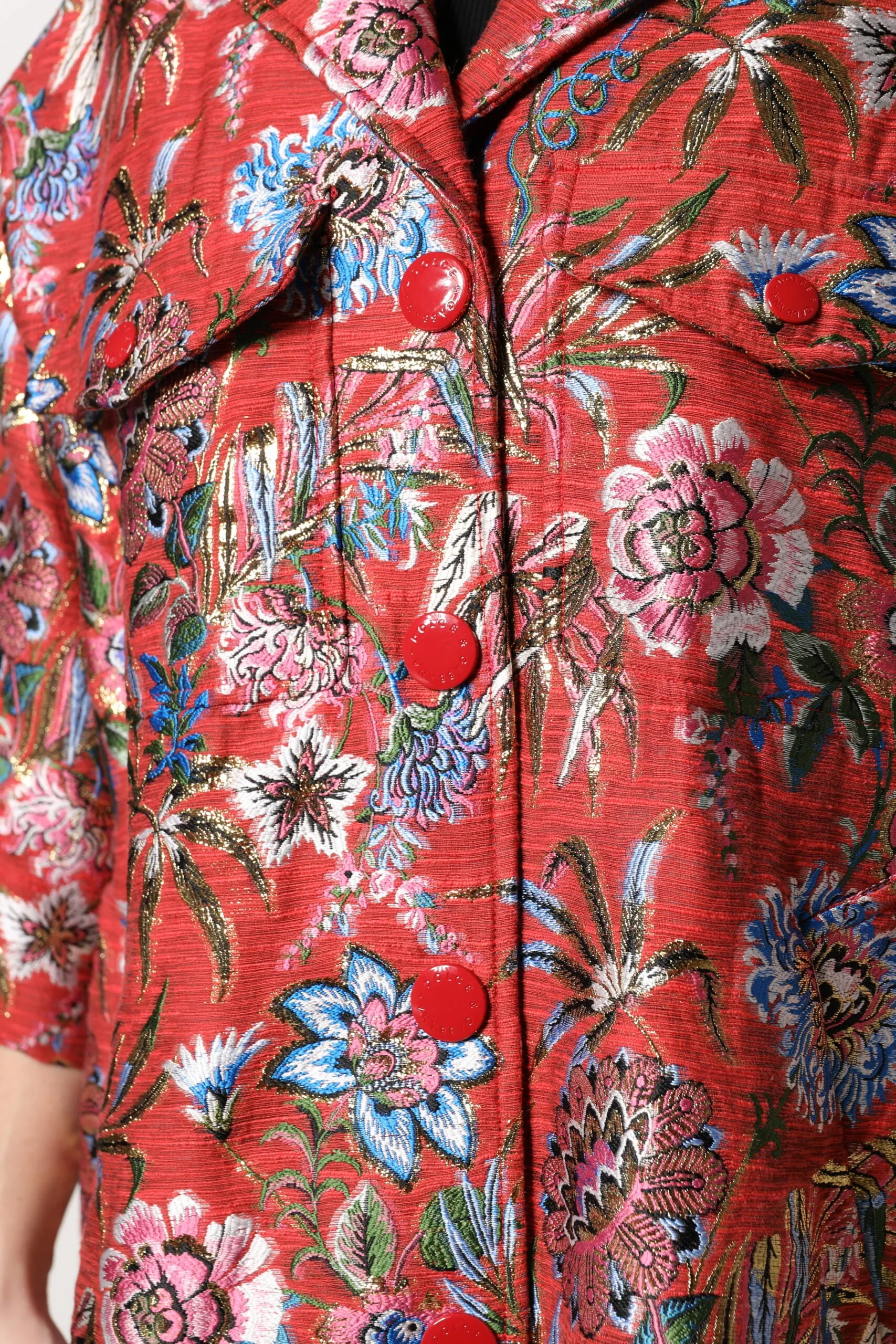 Red Floral Jacquard Button Down Coat Jacket
