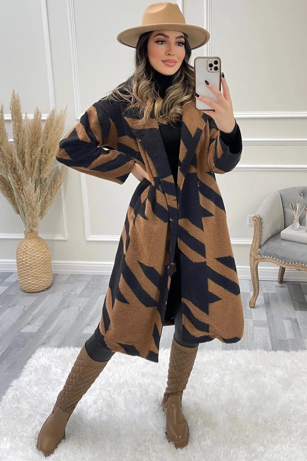 Tonya Blue and Camel Dogtooth Knitted Longline Coat