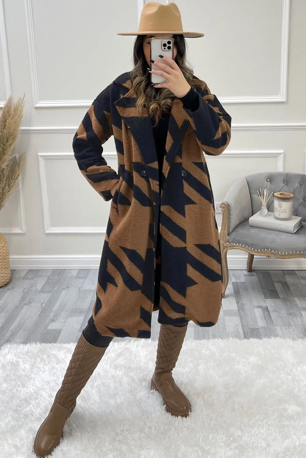 Tonya Blue and Camel Dogtooth Knitted Longline Coat