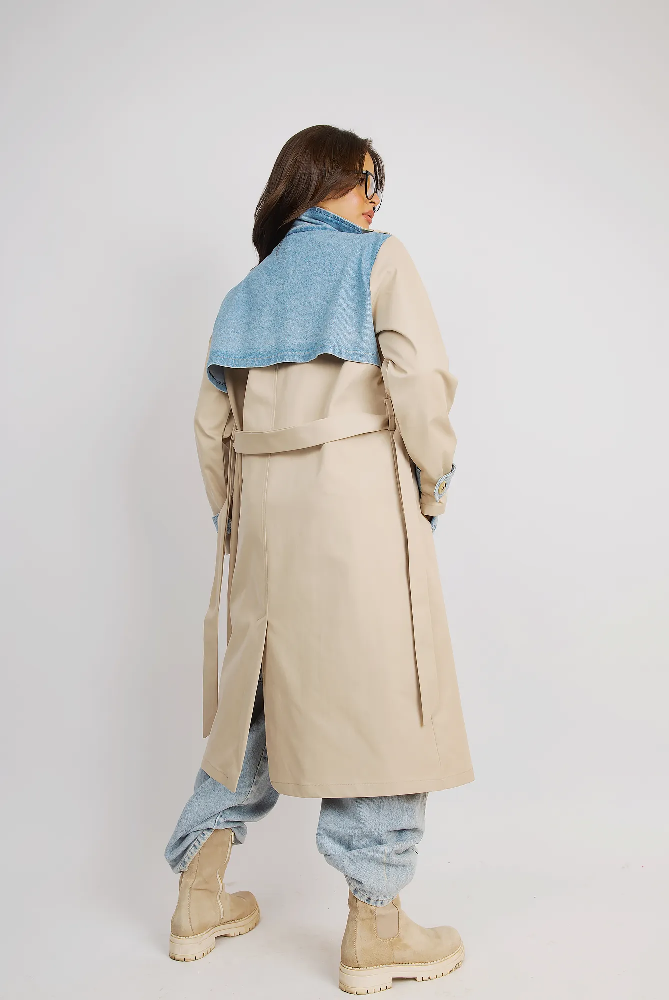 Urban Edge Trench Coat With Denim Highlights - Beige