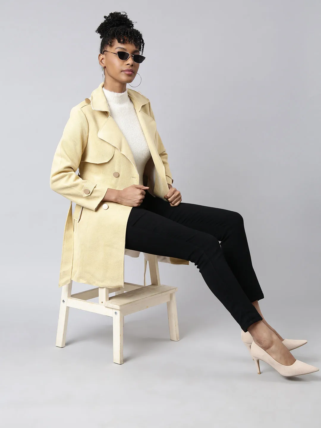 Women Yellow Notched Lapel Collar Longline Trench Coat