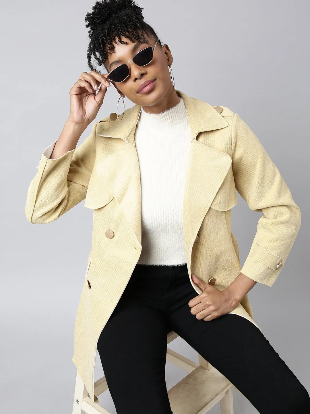 Women Yellow Notched Lapel Collar Longline Trench Coat