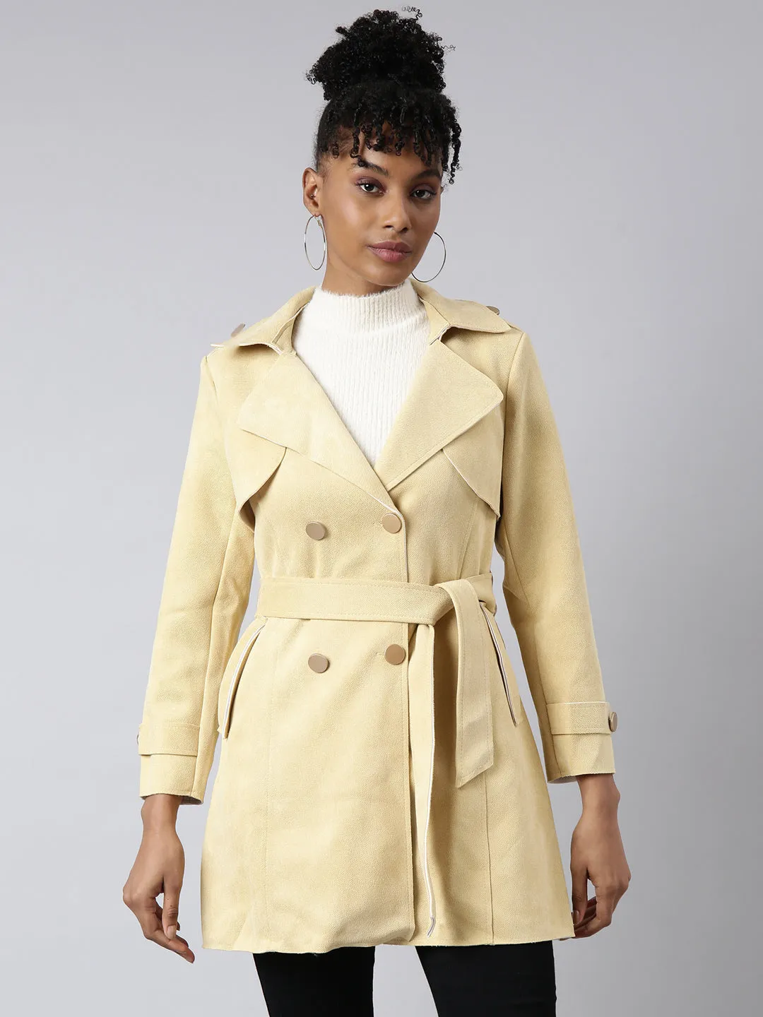 Women Yellow Notched Lapel Collar Longline Trench Coat