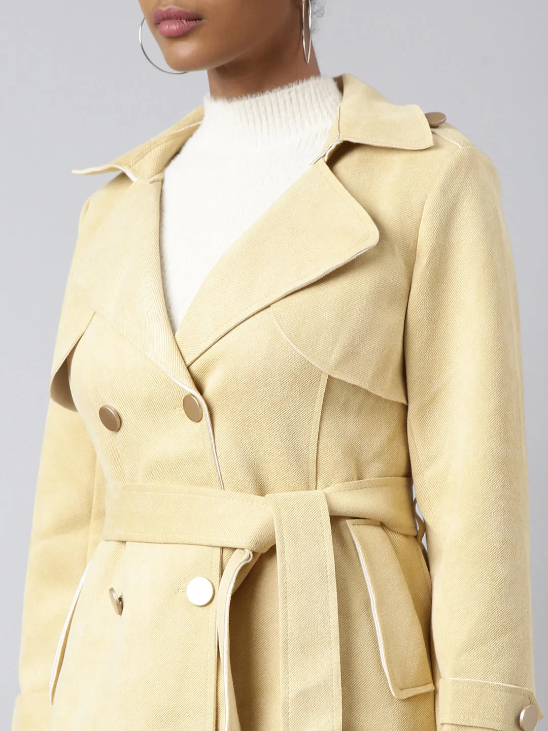 Women Yellow Notched Lapel Collar Longline Trench Coat