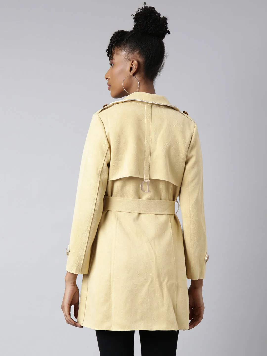 Women Yellow Notched Lapel Collar Longline Trench Coat