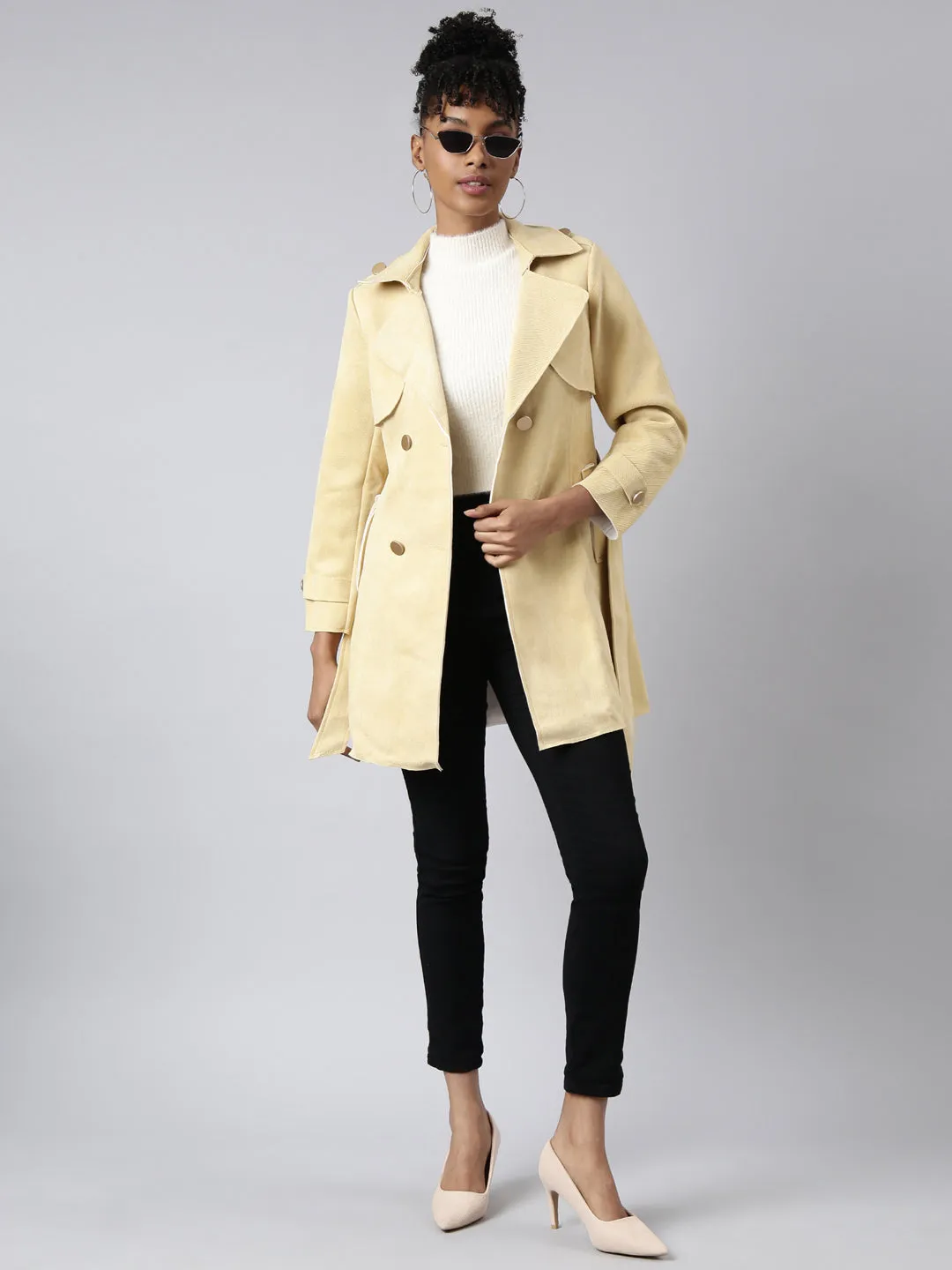 Women Yellow Notched Lapel Collar Longline Trench Coat