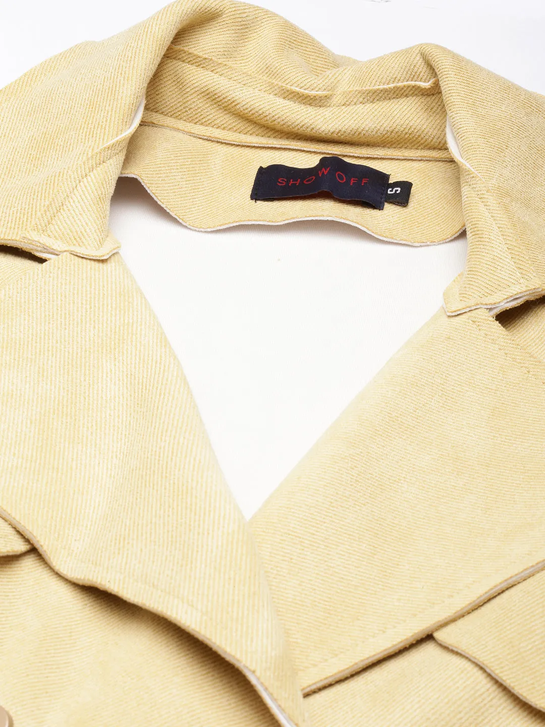 Women Yellow Notched Lapel Collar Longline Trench Coat