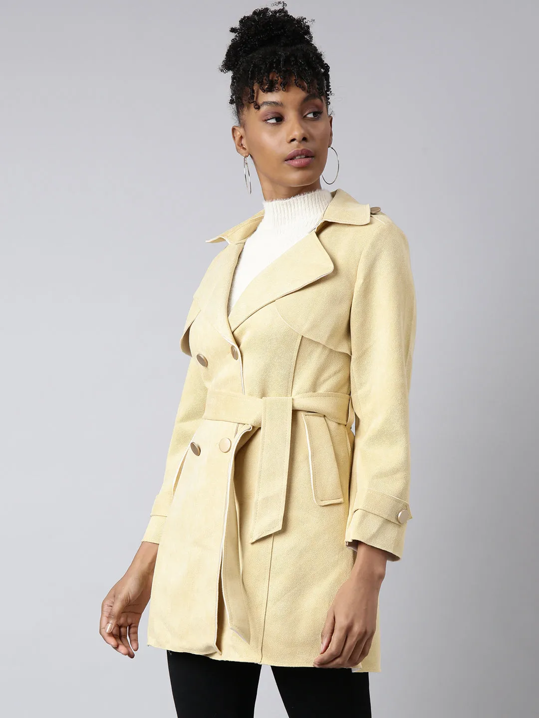 Women Yellow Notched Lapel Collar Longline Trench Coat