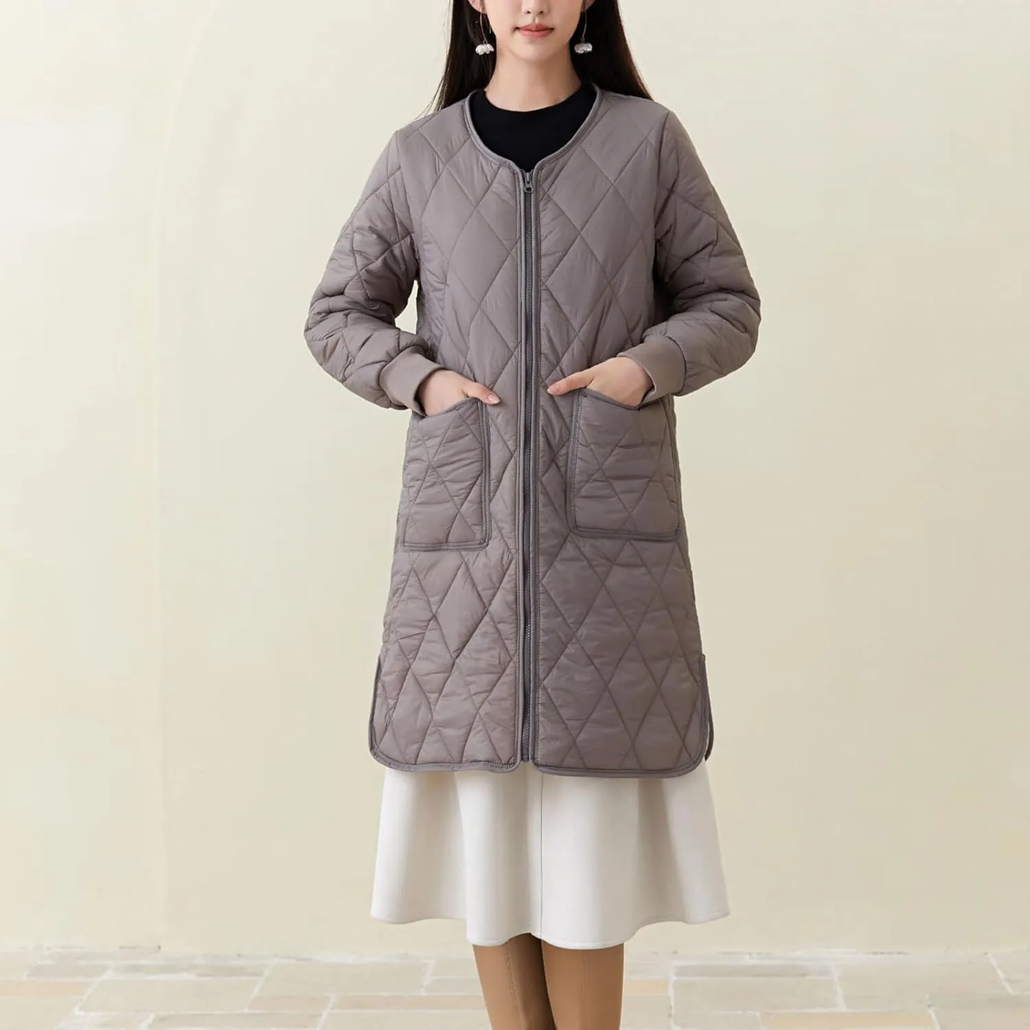 Womens Lightweight Quilted Jacket Winter Warm Fleece Mid-Length Cotton Padded Puffer Coats Collarless Split Hem Outwear