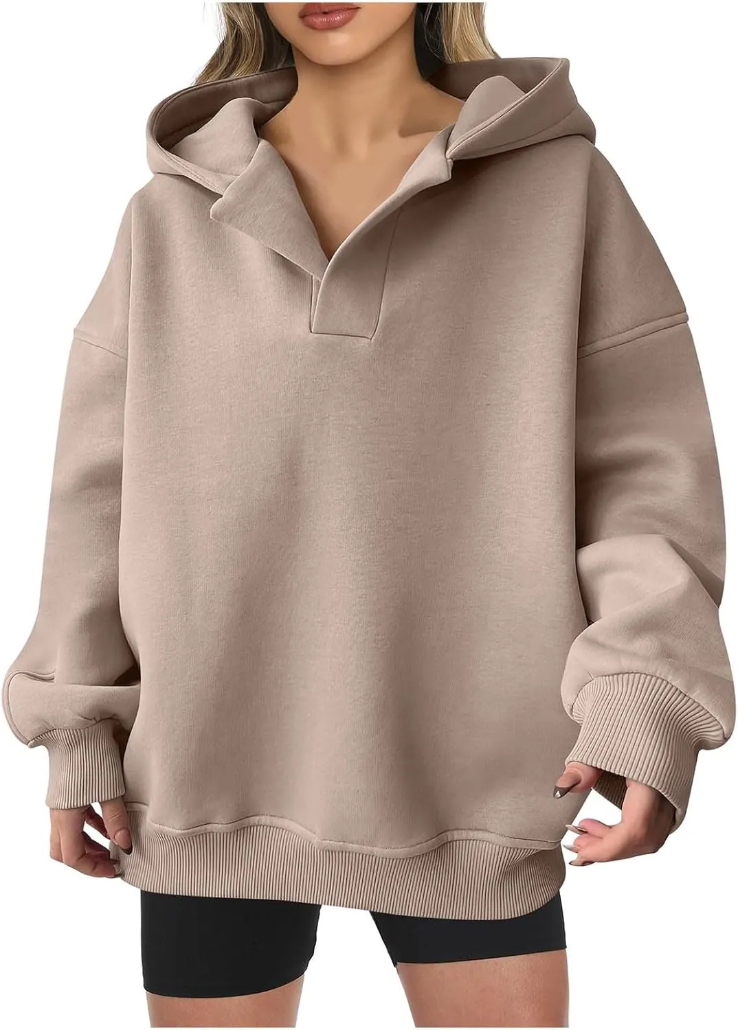Womens Oversized Hoodie V Neck Sweatshirts 2024 Fall Tunic Pullover Top Trendy Teen Girls Preppy Clothes